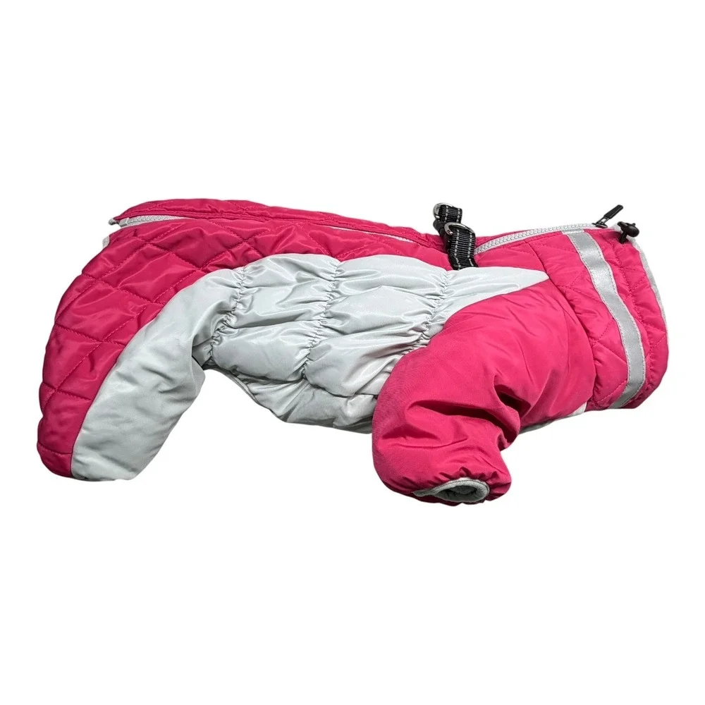 Pink Grey Quilted Puffer Dog Snowsuit Fleece Lined Harness Zip Jumpsuit Medium